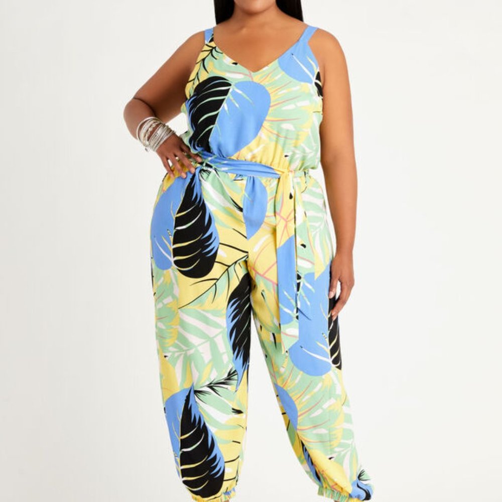 Belted Tropical Harem Jumpsuit